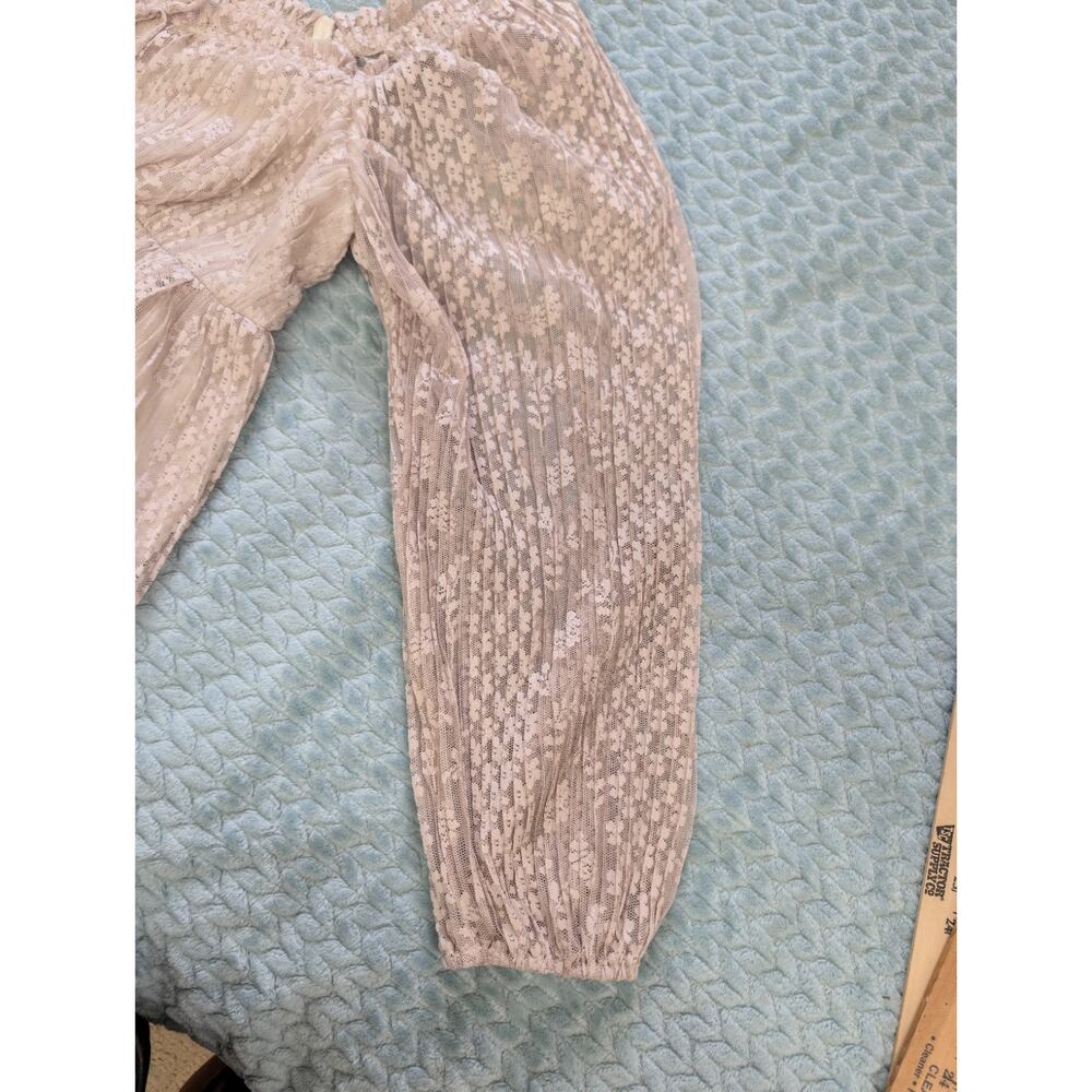 Forte Lace Smocked Babydoll Top XL Boho Cottagecore Balloon Sleeve Beige - Picture 10 of 12